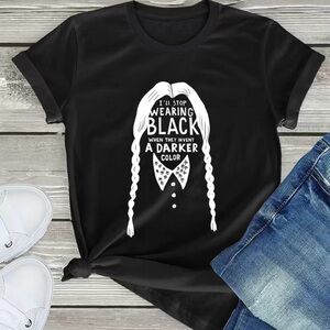 Black Cotton T-Shirt Featuring Wednesday Adams, “I’ll Stop Wearing Black
